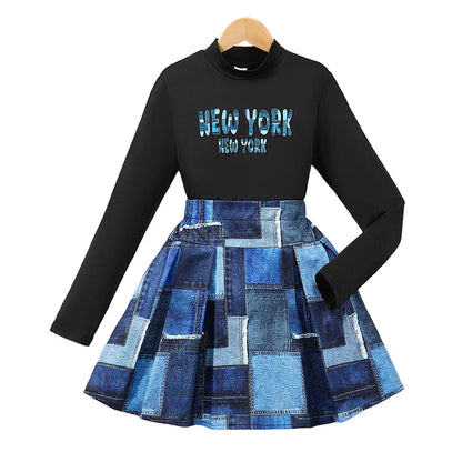 Spring And Autumn, Leisure Cute Girl High Collar, Printed Long Sleeve & Checkered Half Skirt.