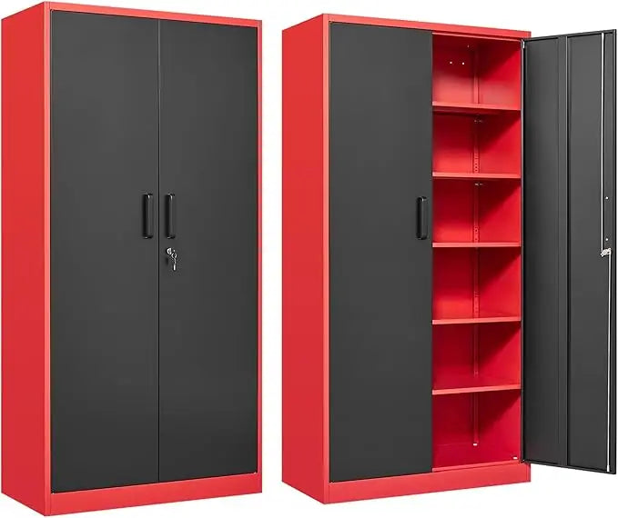 Garage Storage Cabinet with 5 Adjustable Shelves, Metal Storage Cabinet with Lock, Red Black Metal.