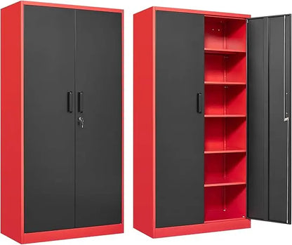 Garage Storage Cabinet with 5 Adjustable Shelves, Metal Storage Cabinet with Lock, Red Black Metal.