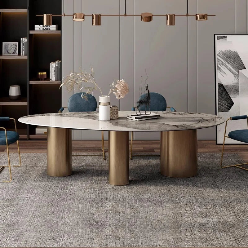 Italian Luxury Stainless Steel Dining Table,  Stone Tabletop, Easy-Clean