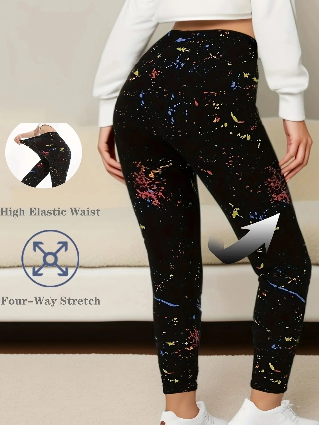 CUHAKCI Black Inkjet Plus Size Sports Tight, Women's Leggings, High Elasticity .