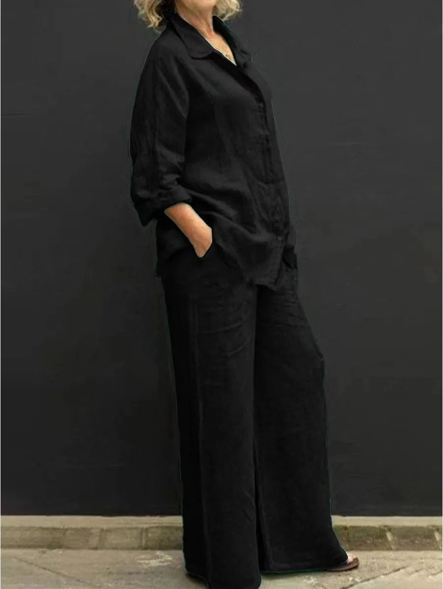 Two Piece Sets Women Outfits,  Fall Simple Long Sleeve Shirt Loose Trousers Set Office Casual.