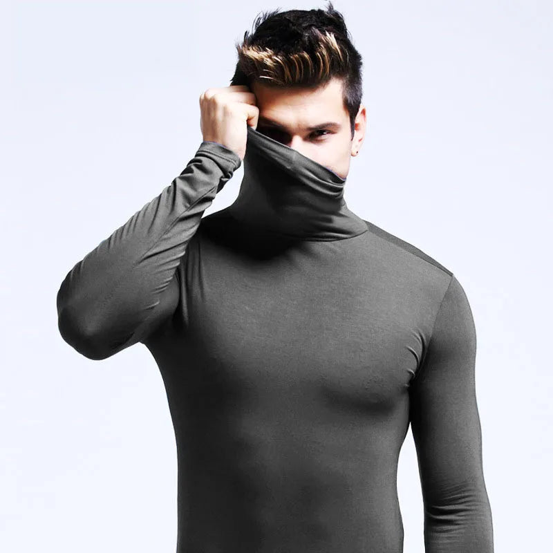 Men Turtleneck T-Shirts Casual High Collar Long Sleeve Plus Size Tees.