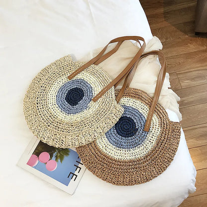 Large Capacity Round Women's Fashionable Straw Woven Shoulder Bag | Handmade Summer Beach Travel Holiday Women Tote Bags