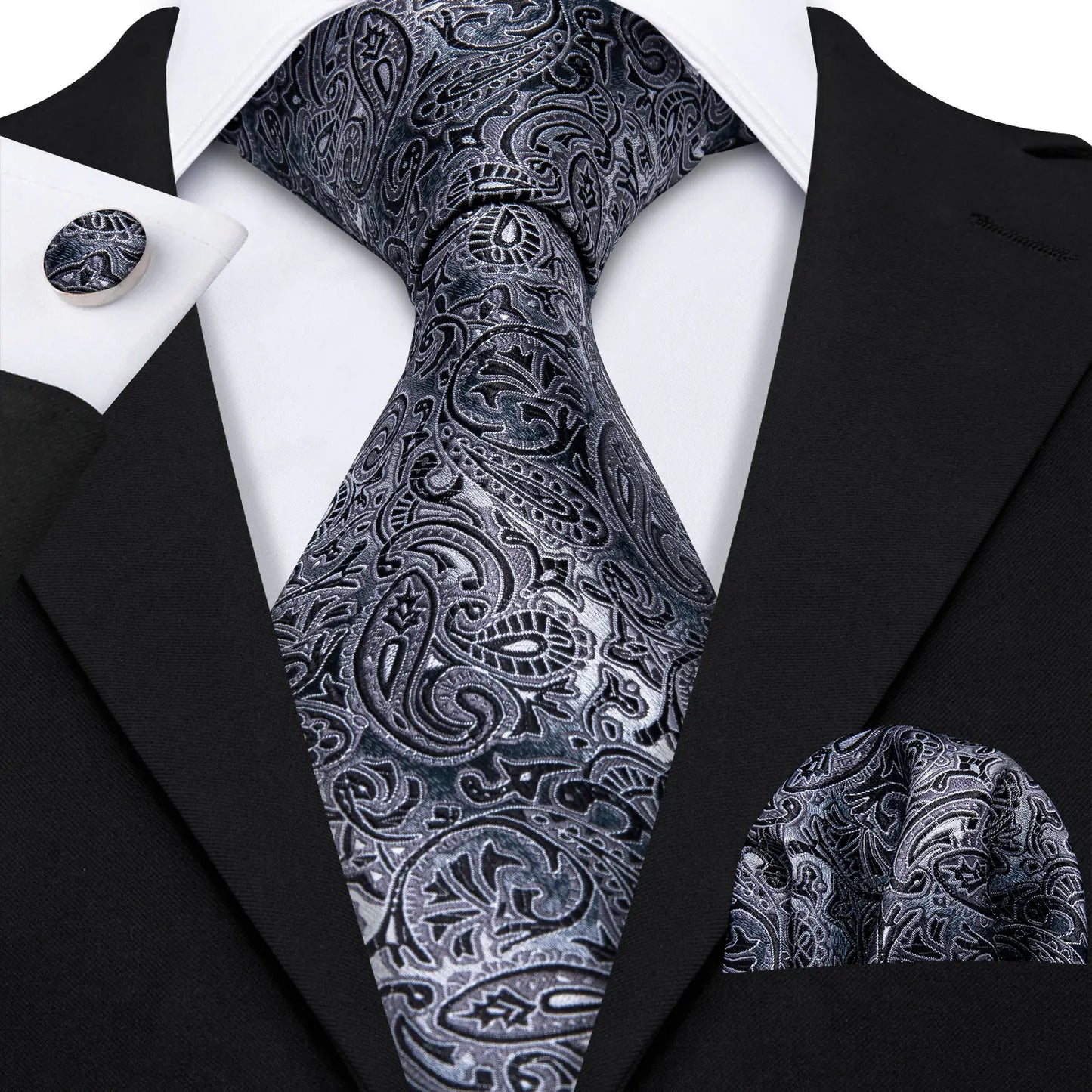 Black White Gray Silver Men Tie Handkerchief Cufflinks Set.