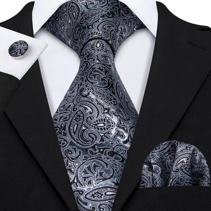Black White Gray Silver Men Tie Handkerchief Cufflinks Set.