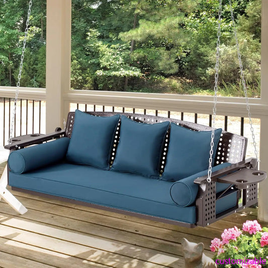Brown Seagrass Rattan 3 Seat Porch Swing Blue Cushions Cup Holders Chains Deck Garden Backyard