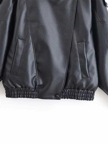 Women Fall 2025 New Black Long Sleeve Pebble Faux Leather Jacket.