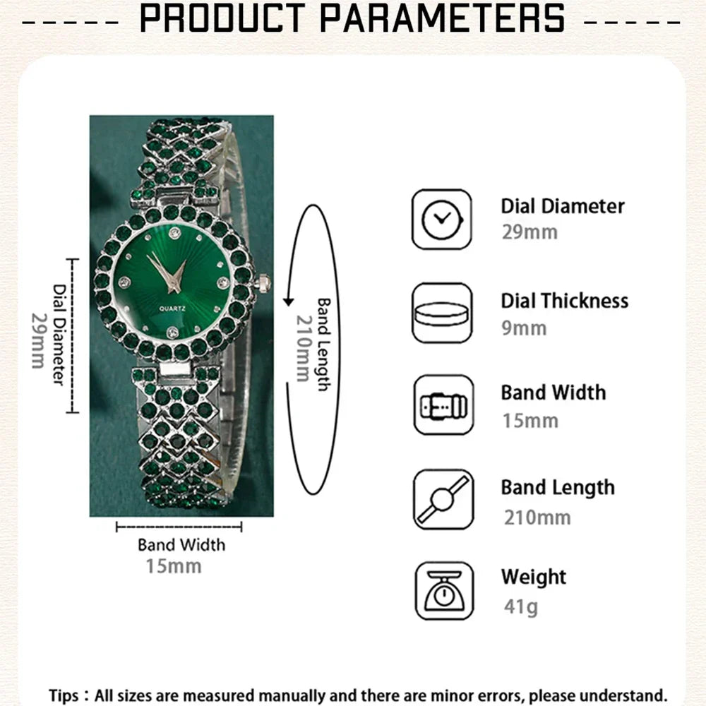 Women Fashion Watches Heart Rhinestone, Ring ,Necklace ,Earring  Jewelry Set.