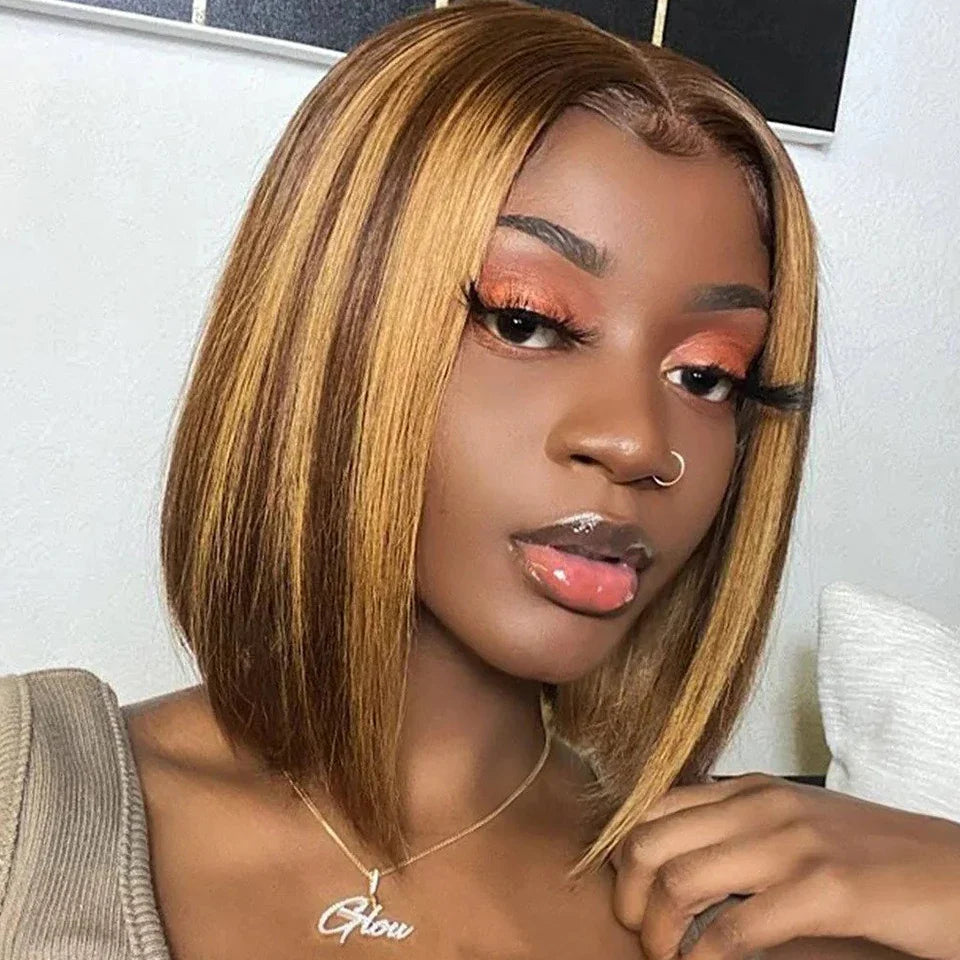 Brazilian  HD Transparent Short Bob Human Hair Wigs Highlight Burgundy 99J Straight