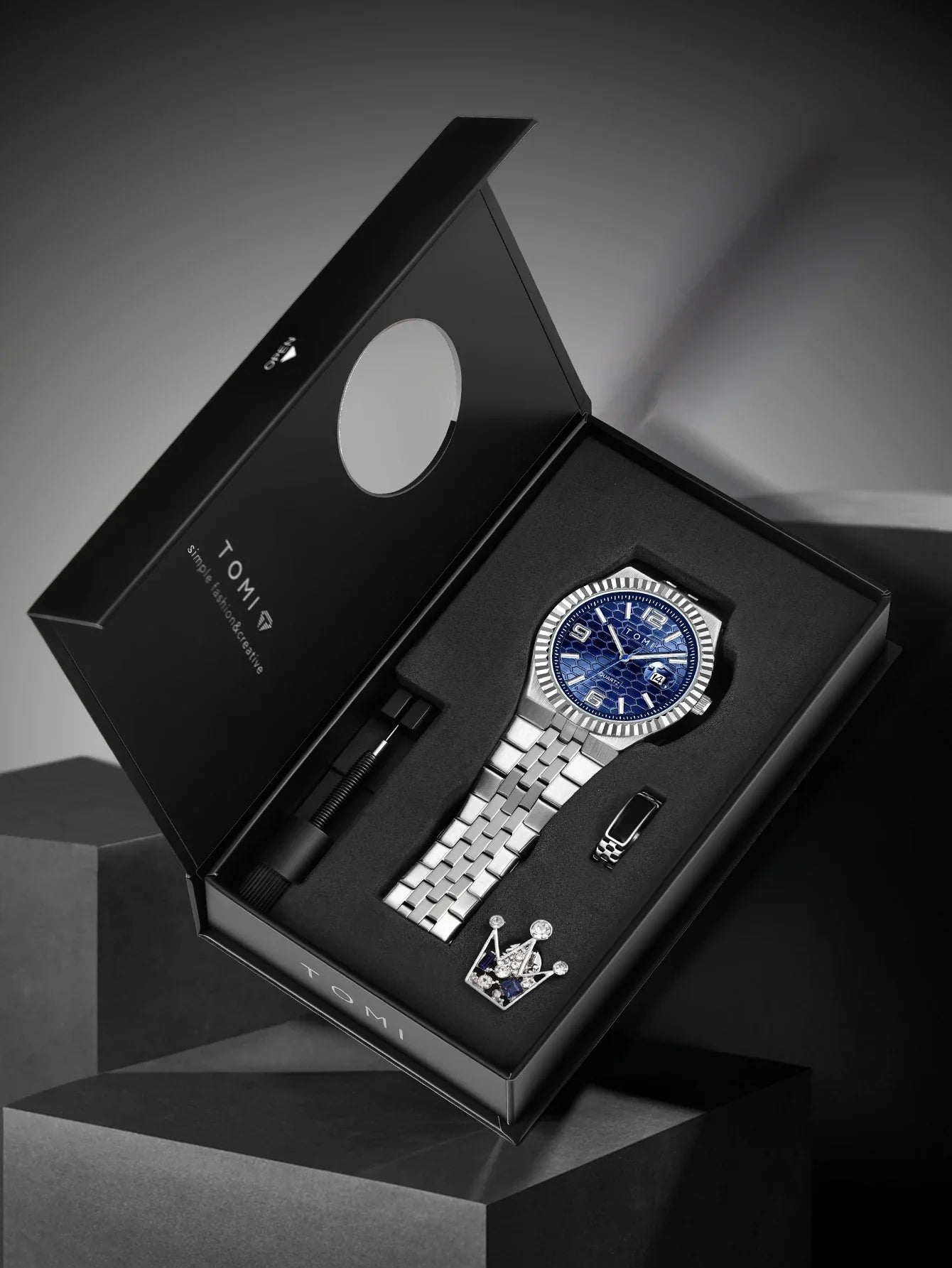 Luxury Men's Watch Steel Band, Calendar, Multi-function Quartz Watch, Ring, Cufflink Gift Box Set.