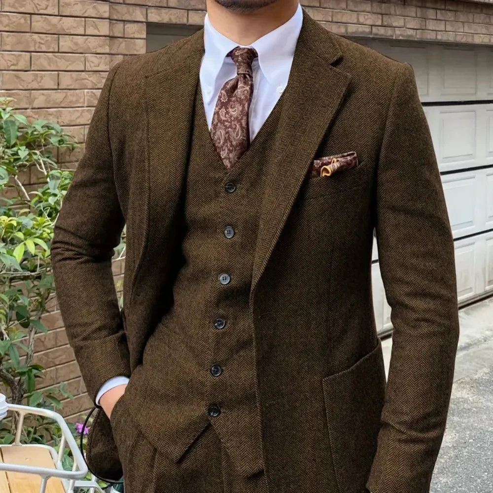 Elegant 3-Piece Men Tweed Formal Banquet Spineless Men Suit.
