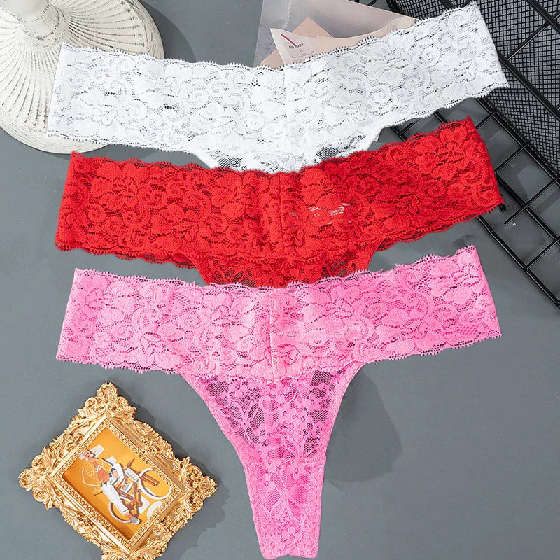 3PCS Lace Floral Women Panties ,Low Waist Breathable Briefs Female Thong Underwear M-2XL Sexy G-String Transparent Panty.