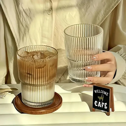 6pcs, 200ml/6.8oz Stackable Ribbed Glass Cups, Iced Coffee , Juice Cups,  Reusable Glass Cups.