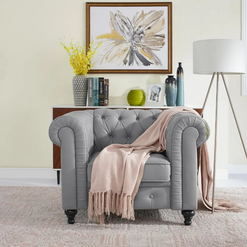 2pc Modern Tufted Faux Leather Living Room Sofa Set With Button & Nailhead Trim Scroll Arms, Grey, Customized