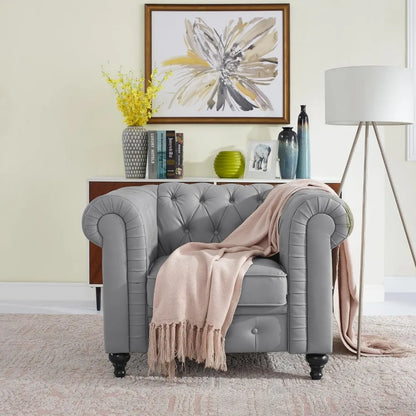 2pc Modern Tufted Faux Leather Living Room Sofa Set With Button & Nailhead Trim Scroll Arms, Grey, Customized