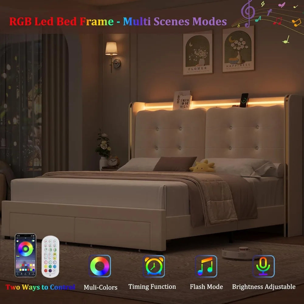 Upholstered Full Led Bed Frame with Charging Station and Storage Drawers Velvet Princess.