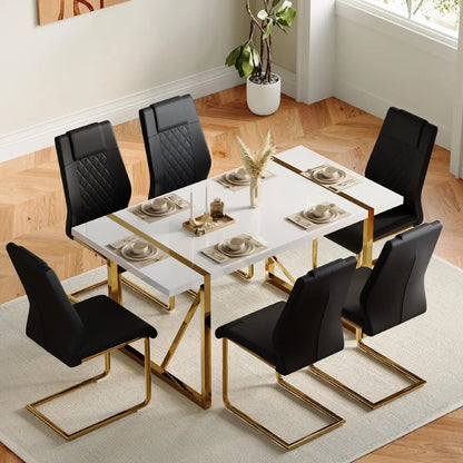 Dining Table Set for 6, Kitchen Table Chairs Set of 6, 55" White High-Gloss Lacquered Tabletop & Electroplated Metal Frame.