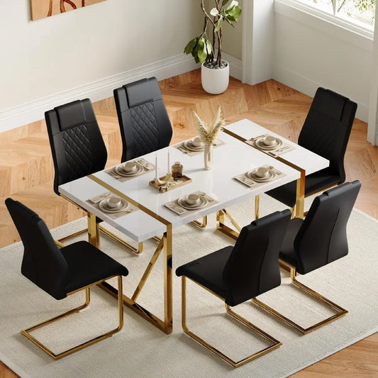 Dining Table Set for 6, Kitchen Table Chairs Set of 6, 55" White High-Gloss Lacquered Tabletop & Electroplated Metal Frame.