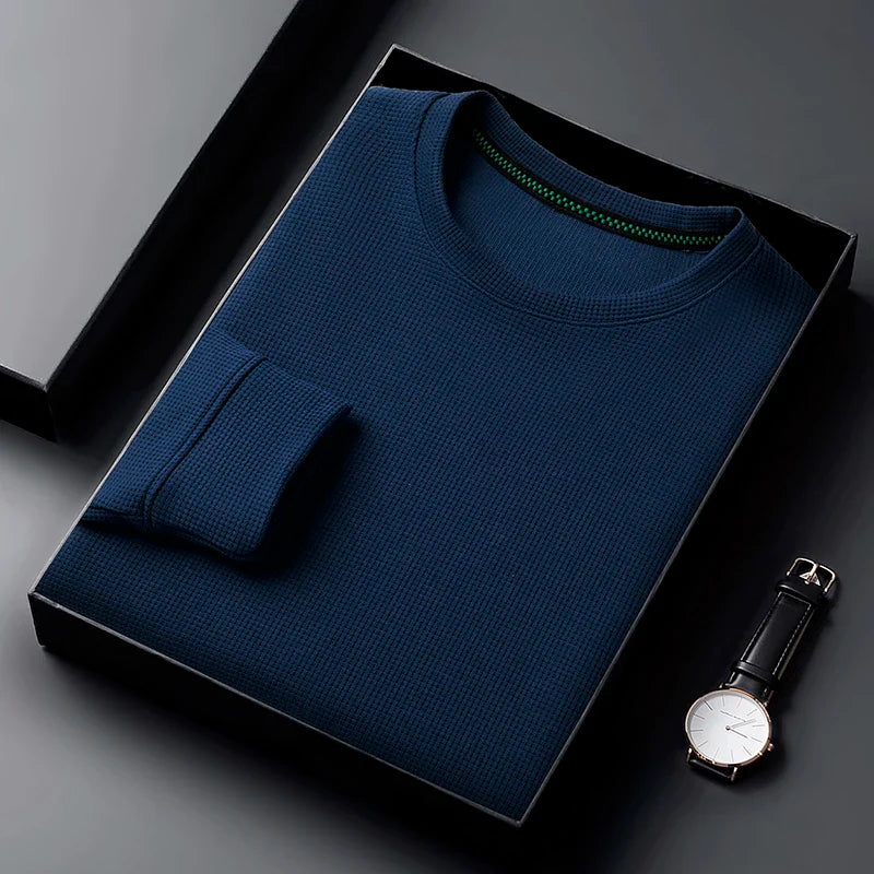 Men Casual Waffle Round Neck T-shirt Breathable, Comfortable, and Fashionable Long Sleeved T-shirt.