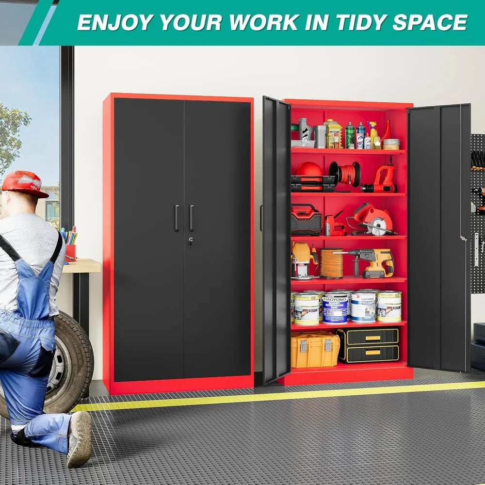 Garage Storage Cabinet with 5 Adjustable Shelves, Metal Storage Cabinet with Lock, Red Black Metal.
