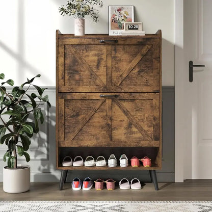 Rustic Brown Slim Shoe Cabinet with 2 Flip Drawers and Wooden Legs for Entryway Storage