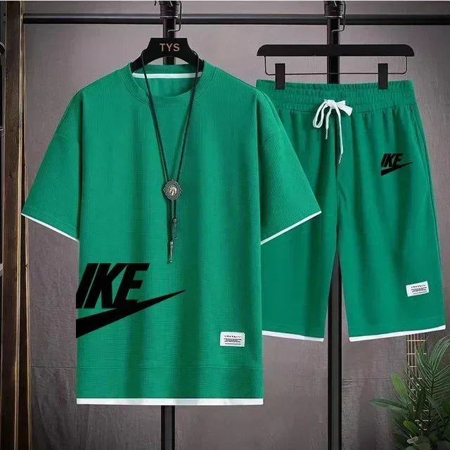 summer men casual short sleeved T-shirt shorts sports set, outdoor breathable jogging shorts 2-piece set.