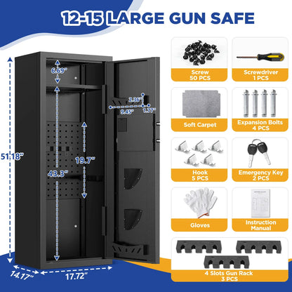12-15 Gun Cabinet, for Home Storage, Quick Access safe with Alarm System.