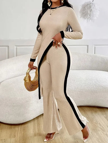 Elegant women's tight fitting asymmetrical hem pants top set for women.