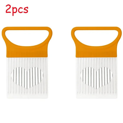 1/2/3/4pcs Effortlessly, Slice Onions with this 1pc Colorful Onion Slicer stainless steel potato chip onion holder.