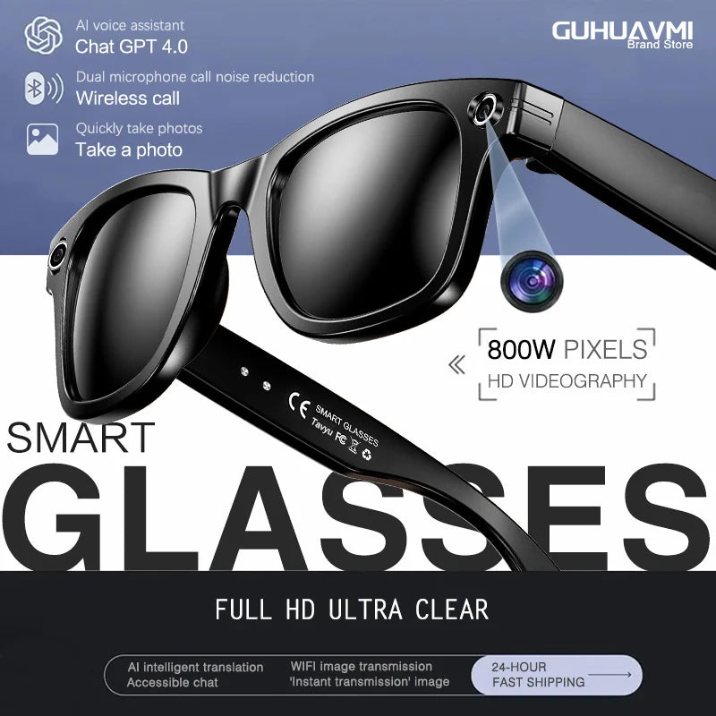 New 8 Million Pixels Camera Smart Glasses, Recording Videos, AI Photo Recognition, Answer Translation, Waterproof Blue light Glasses.