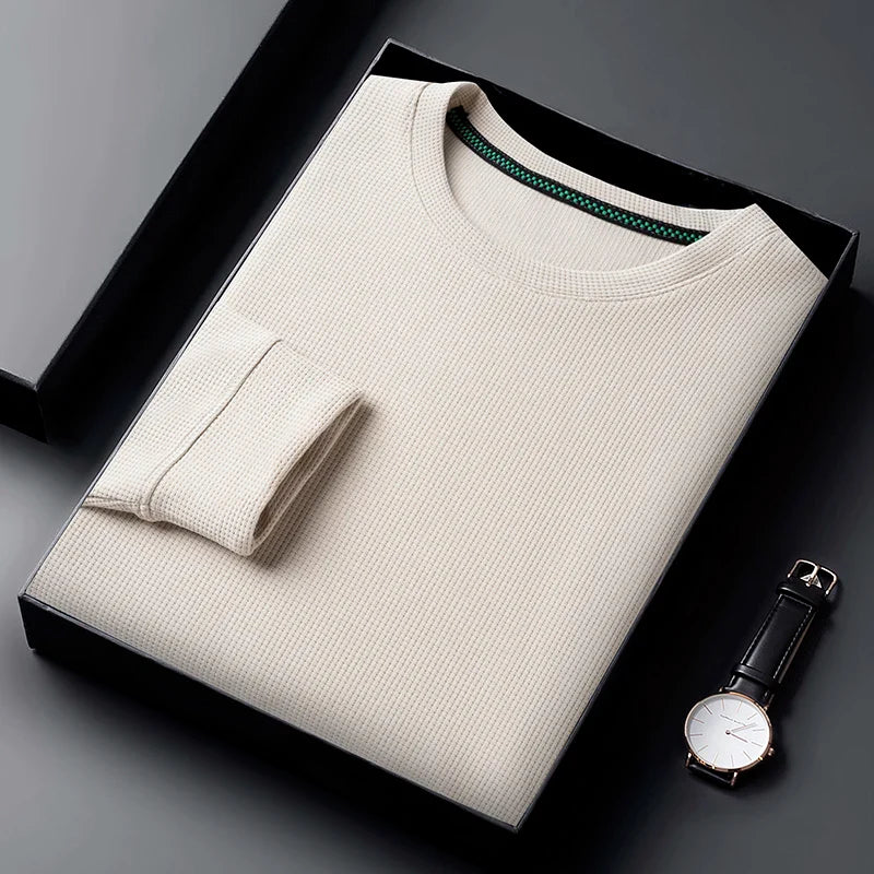 Men Casual Waffle Round Neck T-shirt Breathable, Comfortable, and Fashionable Long Sleeved T-shirt.