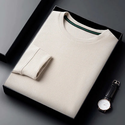 Men Casual Waffle Round Neck T-shirt Breathable, Comfortable, and Fashionable Long Sleeved T-shirt.