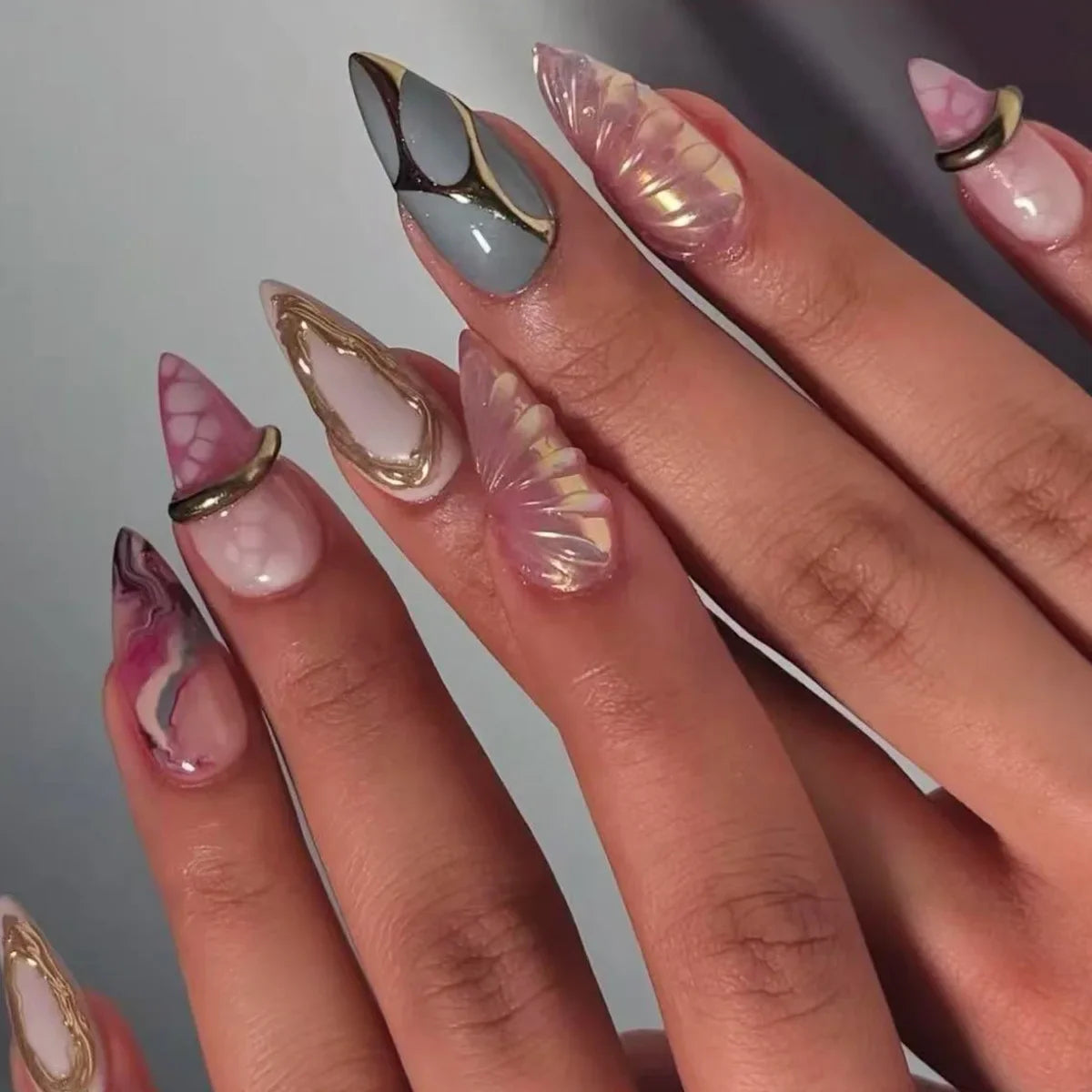24Pcs Mid-length Almond Press on Fake Nails,3D Ripple Heart ,Pearl Star, Blue Smudge Detachable Full Cover Nails Tips.