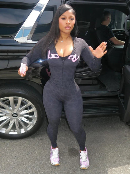 Letter Print 2 Piece Set, Women Zip Cardigan Hooded Crop Jacket Skinny Leggings, Wild Sporty Style Outfits,