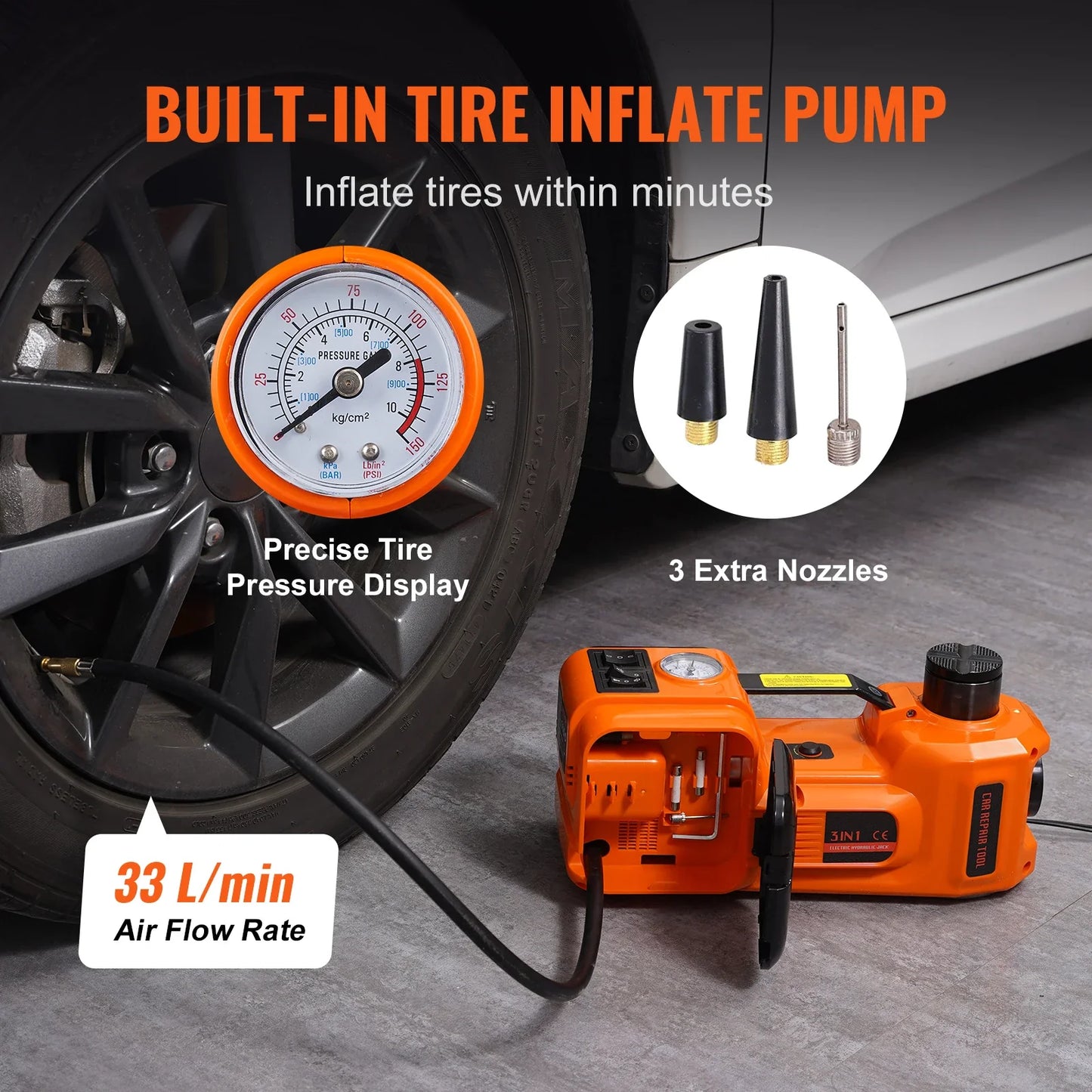 5T Electric Car Jack, Hydraulic Jack with Electric Impact Wrench, Built-in Inflatable Pump, LED Light for SUV Sedan Truck.