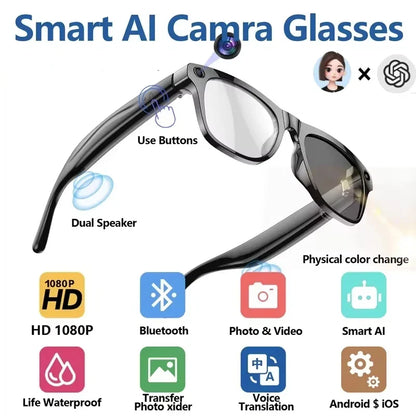 4K HD Color Changing AI Smart Glasses, Chat GPT,100MP Camera, Bluetooth, Call Voice Assistant Control, Smart Glasses 2026 New.