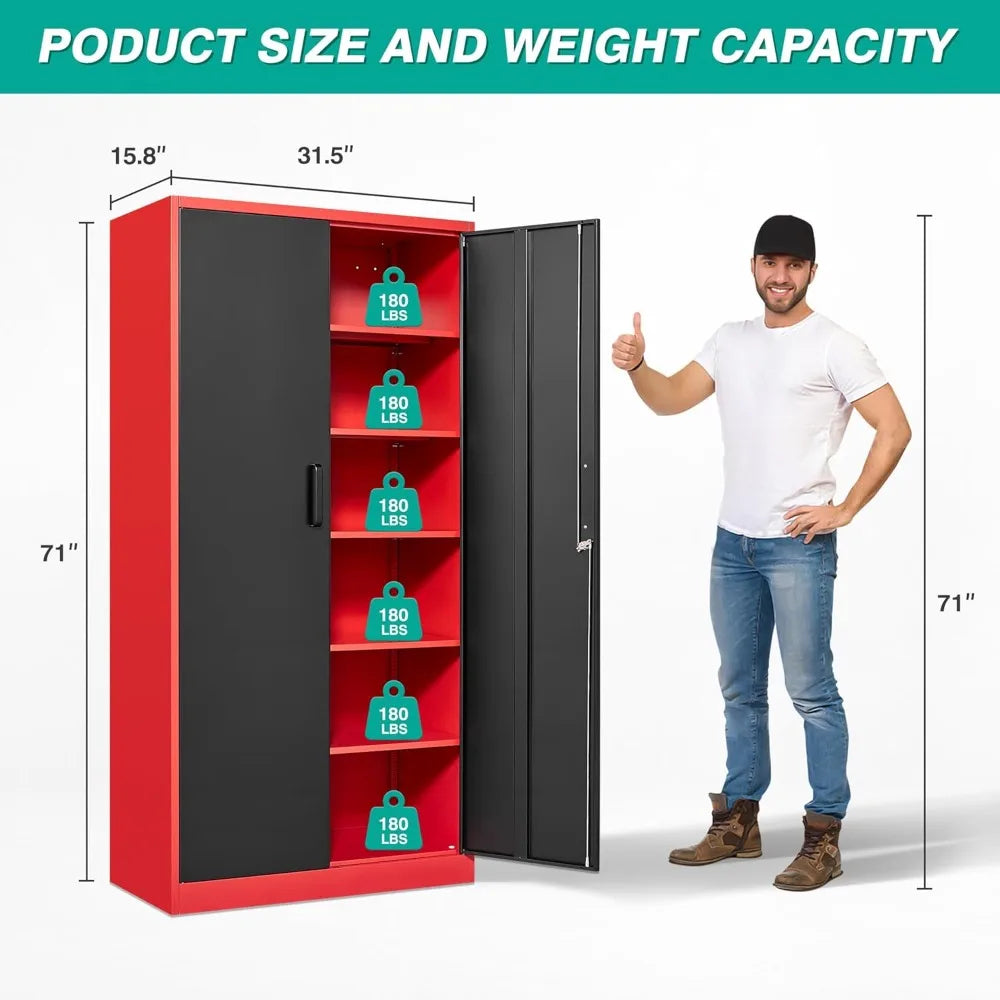 Garage Storage Cabinet with 5 Adjustable Shelves, Metal Storage Cabinet with Lock, Red Black Metal.