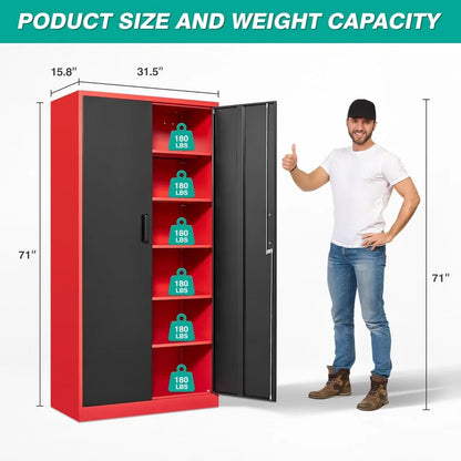 Garage Storage Cabinet with 5 Adjustable Shelves, Metal Storage Cabinet with Lock, Red Black Metal.