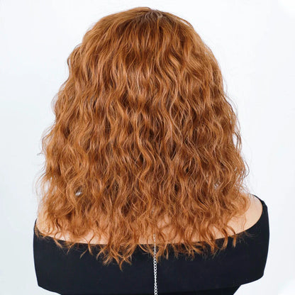 Honey Curly Bob Wigs Human Hair Side Part Pre-Plucked Big Fluffy Brown Mixed Blonde Glueless Bob Curly Wig with Fringe Bangs