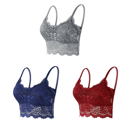 3PCS Women's Lace Top Comfortable Bralette, Solid Color Underwear Vest.
