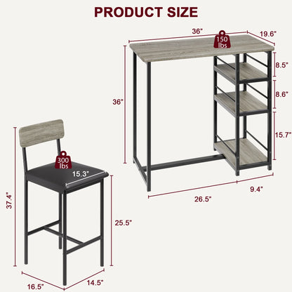 Dining Table Set with 3-Tier Shelves, Bar Kitchen Table Set with 2 Padded Chairs.