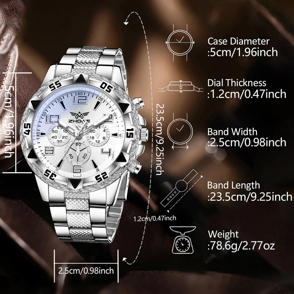 4PCS Silver Men's Fashion Casual Quartz Watch Bracelet Necklace Ring Set.