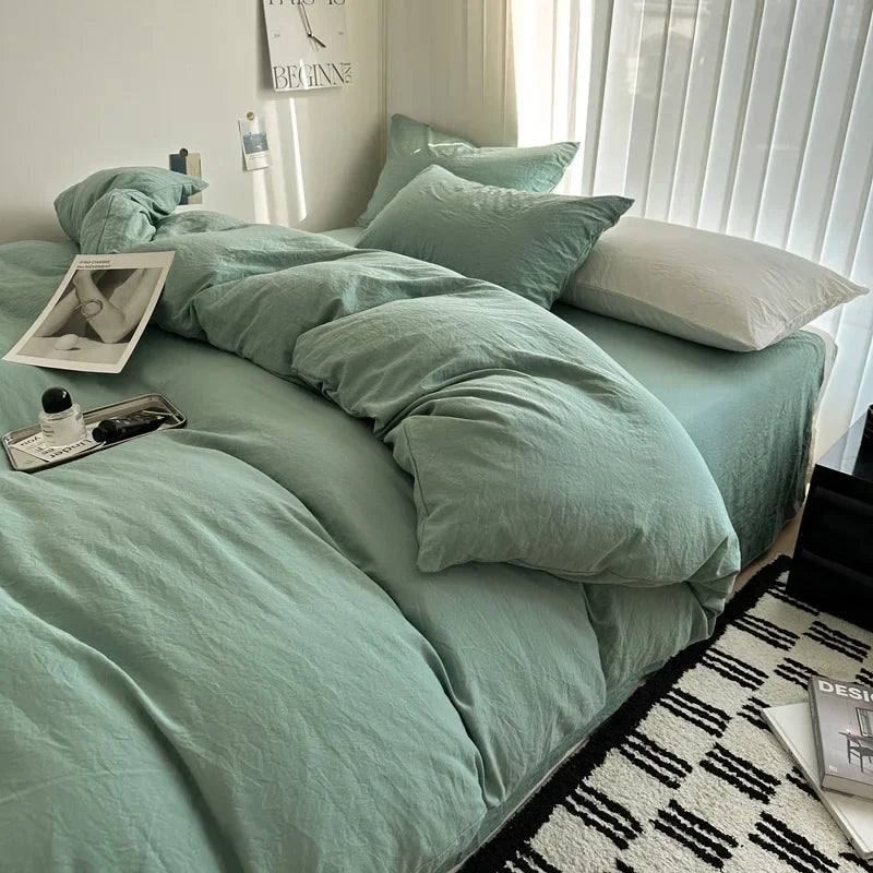 Bed Linen Solid Cotton Bedding Set, with Sheet, Duvet Cover, Pillowcases. Single Couple Bedsheet King, Queen Double Twin Size