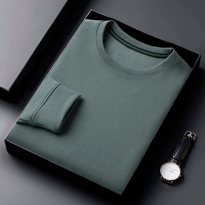 Men Casual Waffle Round Neck T-shirt Breathable, Comfortable, and Fashionable Long Sleeved T-shirt.