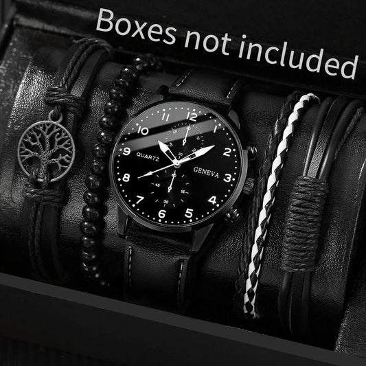 5PCS/Set Men's Watch, Arabic Dial Analog Quartz Watches, Vintage Leather Bracelets Set.