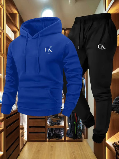 2025 Men Hoodie & Sweatpants Set - Casual Gray Loungewear with Pockets, Drawstring Hood and Ribbed Waistband.