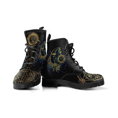 Sacred Geometry Sun & Moon  Memory Foam Boots | All Season Lace Up Boots | Vegan Leather Combat Boot