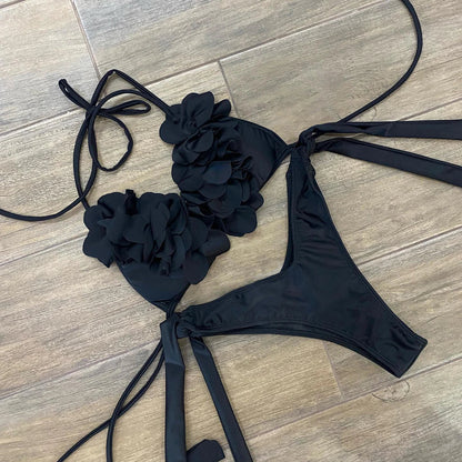 3D Flower Bikini Set  Low Waist Swimwear , Women Solid , Sexy Beach Wear Female.