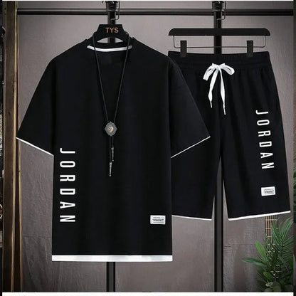 Stylish casual T-shirt + Shorts set Men Loose comfortable summer Waffle suit.
